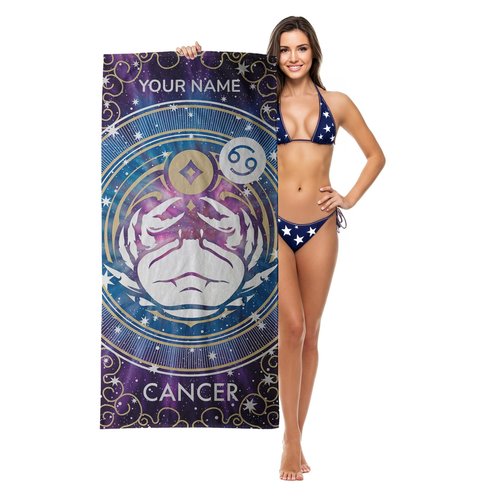 Personalized Zodiac Beach Towel for Adults – Custom Astrology Sign Towel with Name – Horoscope Birthday Gift for Women or Men; Cancer, Oversized 30"x60", 1-Sided Printing, Printed in The USA