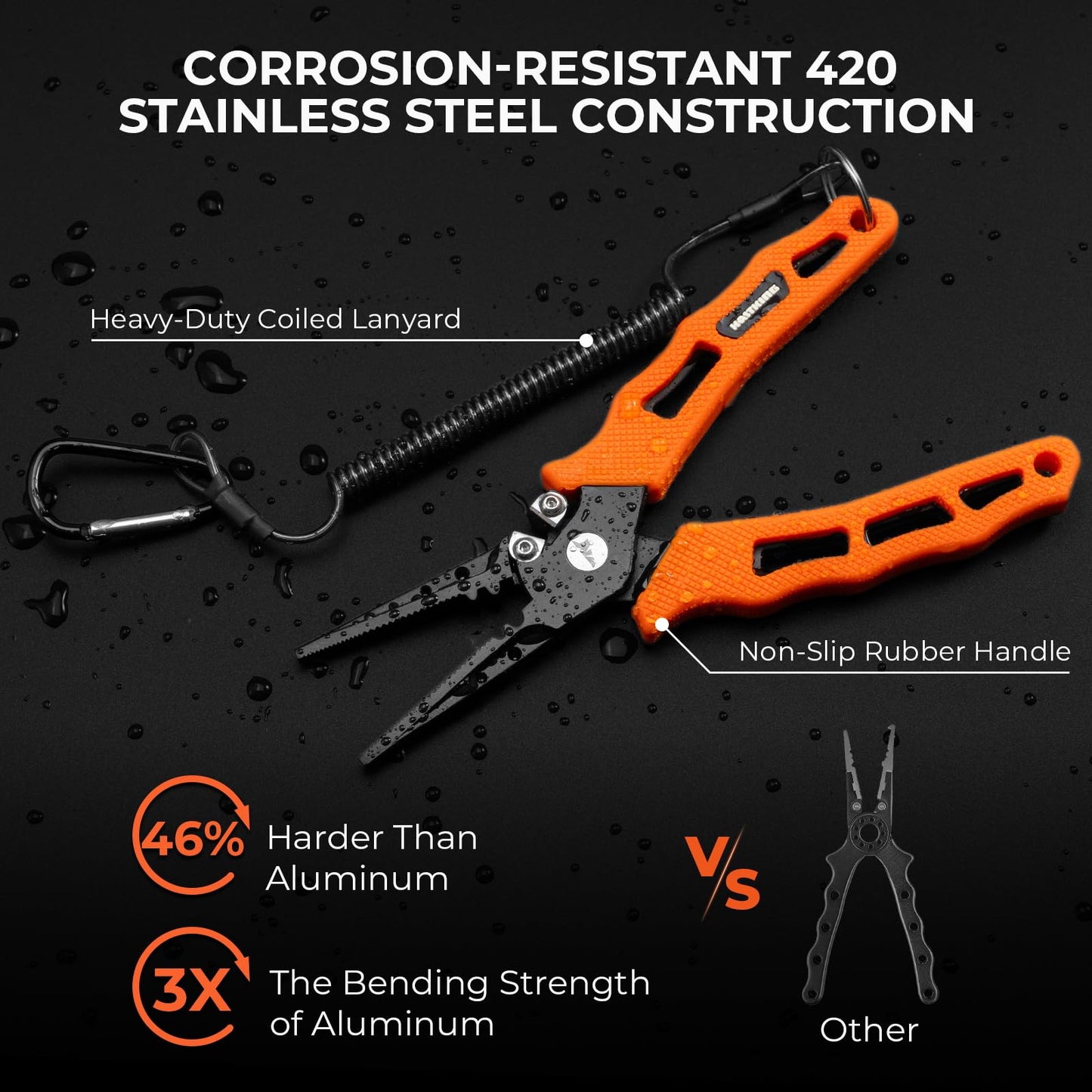 KastKing Cutthroat 7 inch Fishing Pliers, 420 Stainless Steel Fishing Tools, Saltwater Resistant Fishing Gear, Tungsten Carbide Cutters, 7" Straight Nose, Orange