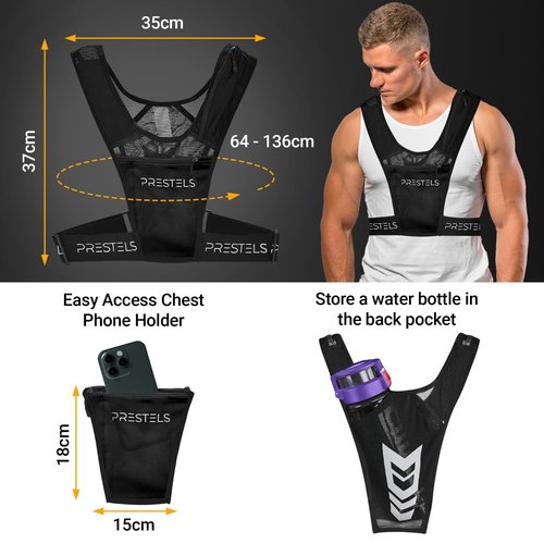 PRESTELS Running Vest Phone Holder - Reflective Running Vest for Men & Women - Adjustable & Breathable Design - Best Chest Pack Gear with Multiple Pockets for Phone, Water Bottle & Other Accessories