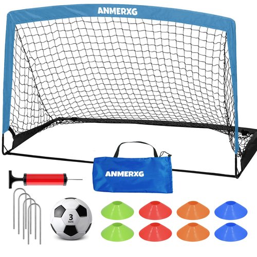 ANMERXG 6x4FT Kids Soccer Goals for Backyard, 6'x4' Portable Soccer Goal with Ball and Cones Soccer Net Set Training Equipment (6x4FT, Blue, 1 Set)