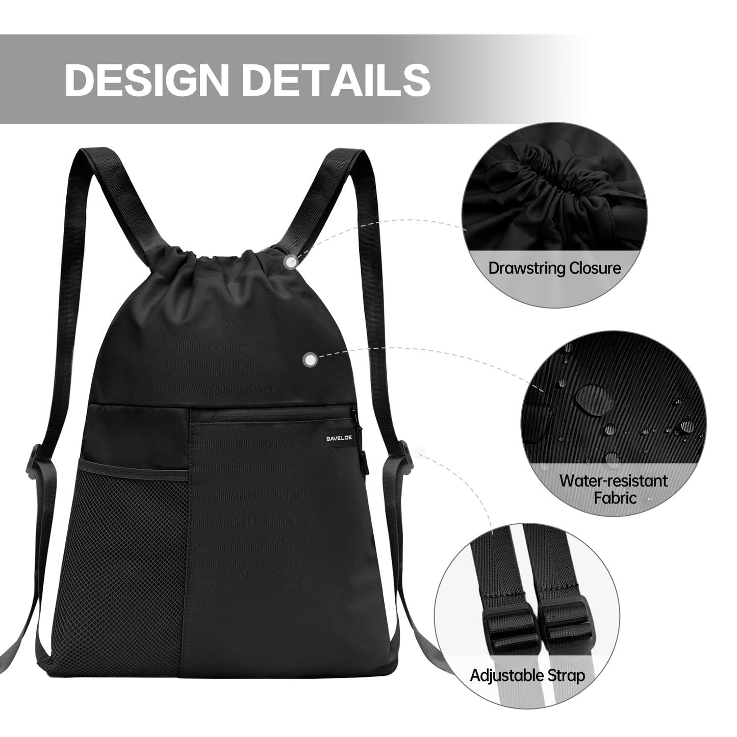 BAVELOE Drawstring Backpack with Mesh Pocket Water Resistant String Beach Swim Sports Gym for Women Men (Black)