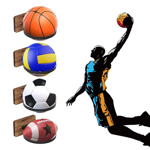 TJWZXX 4 Pcs Wood & Metal Wall Mount Basketball Holder, Ball Storage Holders Display Rack, for Basketball, Soccer, Volleyball, Football, Rugby, Boys Room Decor