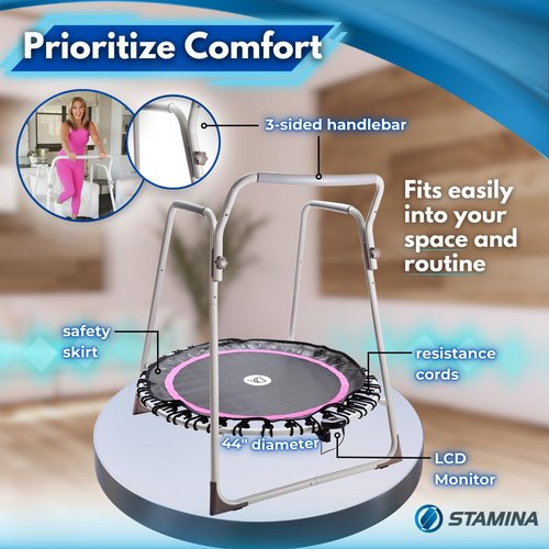 Denise Austin Home Fitness Trampoline – 44” Rebounder with Handlebar for Adults, Low Impact Cardio with Silent Elastic Resistance Bands – Balance, Rehab & Home Workouts for Seniors & Beginners