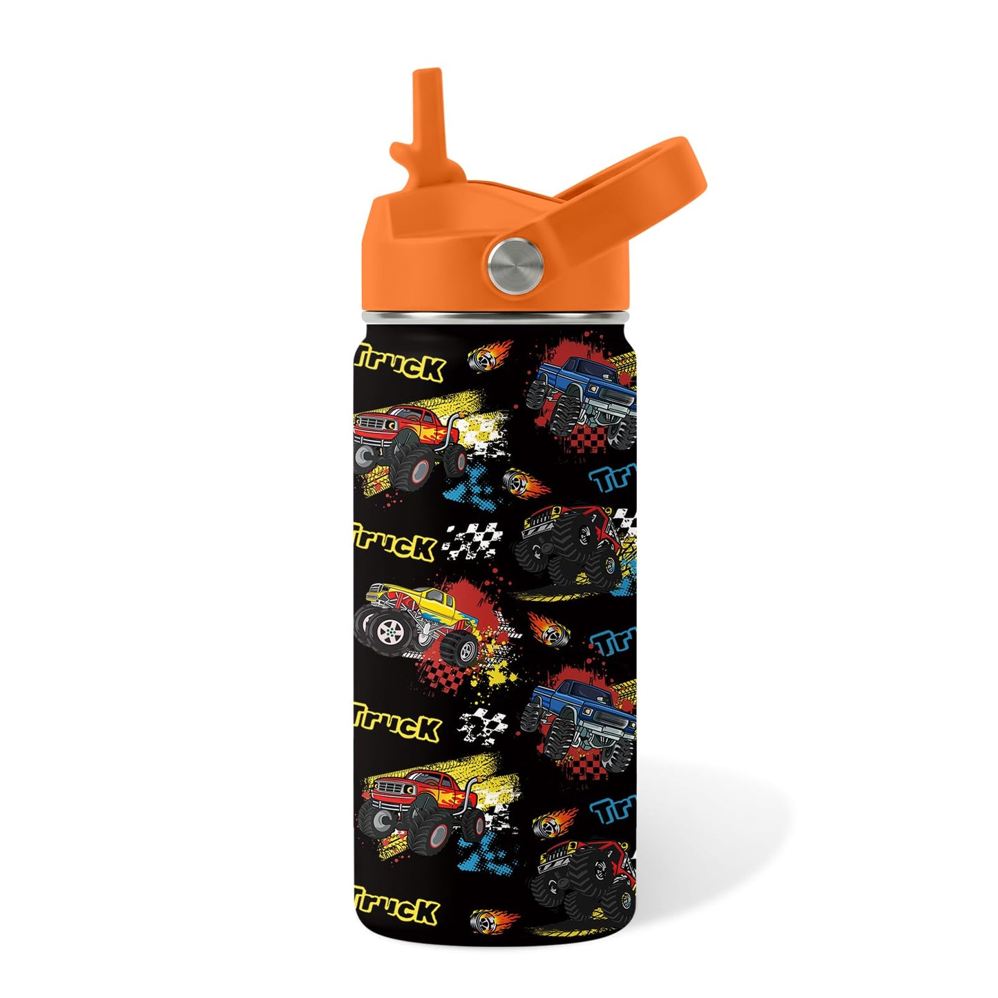 Monster Truck Gifts for Kids, 16oz Boys Water Bottle with Straw Lid, Stainless Steel Insulated Cup, BPA-Free, Leak Proof Kids Water Bottle for Monster Truck Fans, School Travel Birthday Gift (1pc)