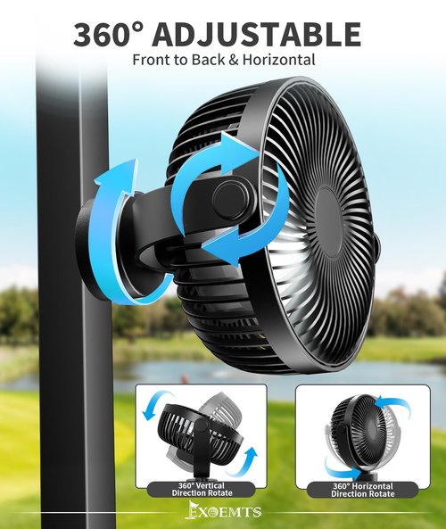 EXOEMTS Magnetic Golf Cart Fan Rechargeable, 10000mAh Battery, 4-Speed Quiet Cruise Fan with LED Light, 360° Portable Rotation, Strong Magnet Base, USB-C, Compatible with EZGO Club Car YAMAHA, 1 PCS