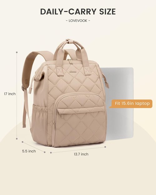 LOVEVOOK Laptop Backpack for Women, Puffer Quilted Computer Bag for Travel Work Business, Casual Daypack for Teacher Nurse,15.6 Inch, Khaki