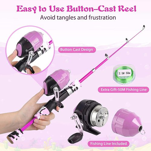 Milerong Kids Fishing Rod, Kids Toys Fishing Pole Portable Telescopic Fishing Rod and Reel Combo Kit for Boys, Girls, Youth - with Spincast Fishing Reel, Fishing Tackles, Lures, Fishing Lines [Pink]