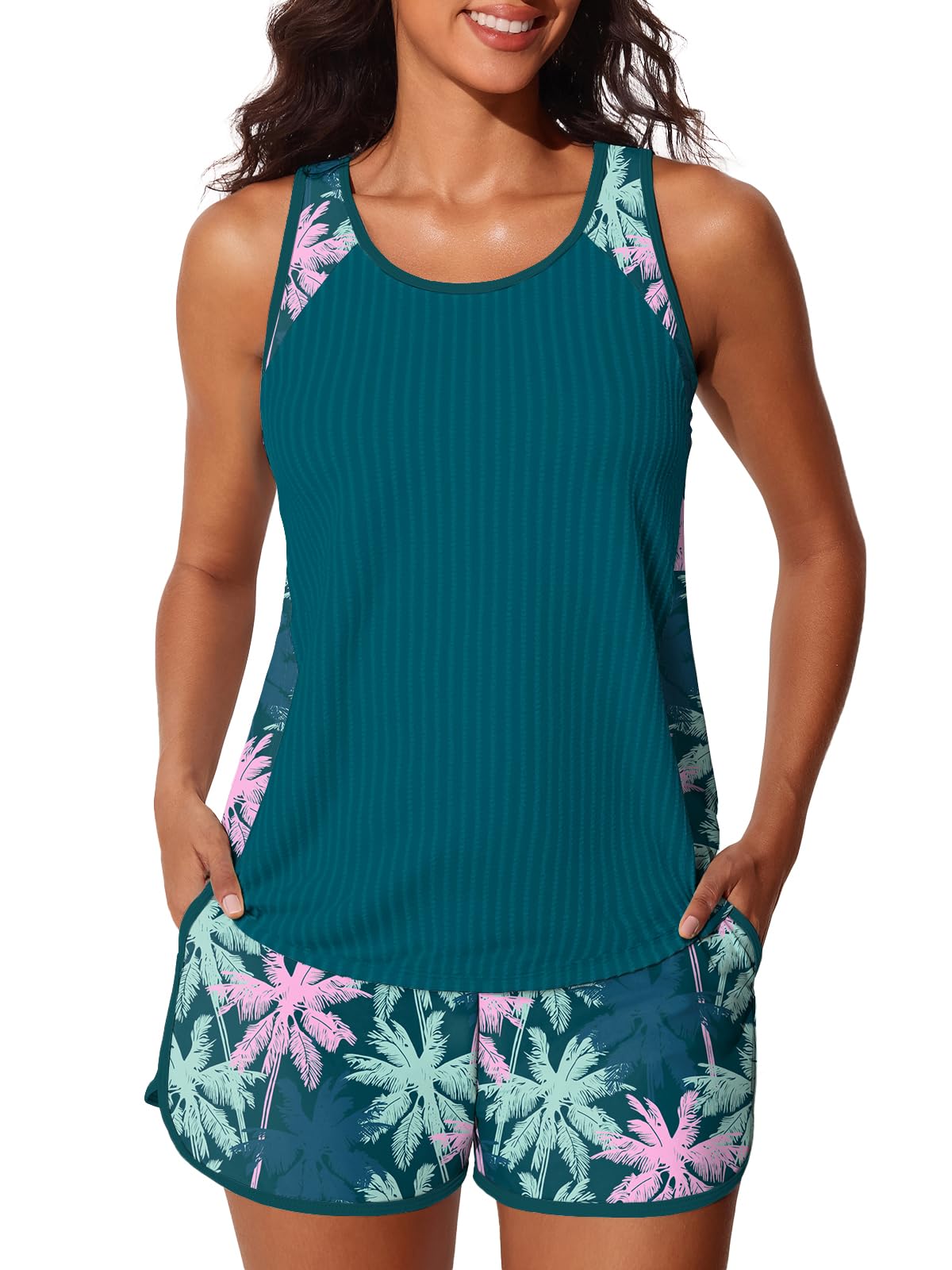 Summer Mae Modest Tankini Swimsuits for Women 2026 Textured Ribbed Bathing Suits Tummy Control Swim Shorts with Pockets Pink Blue Palms Size 10