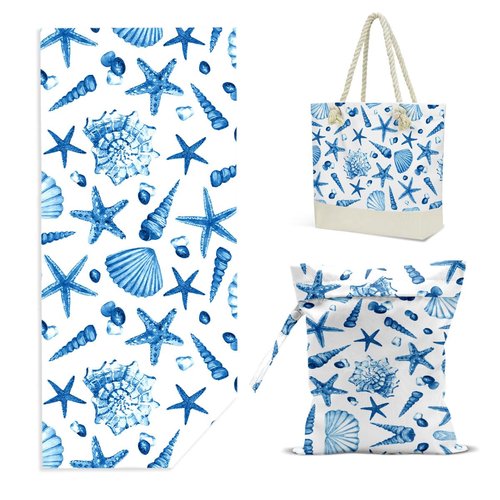 ENGVZ Beach Bags for Women, Beach Towel, Wet Bag Cosmetic Bag, Pool Waterproof Shoulder Tote Bags, Pocket Zipper Summer Travel Essentials, Gifts for Women Birthday Friendship Gifts （3-Piece Set）