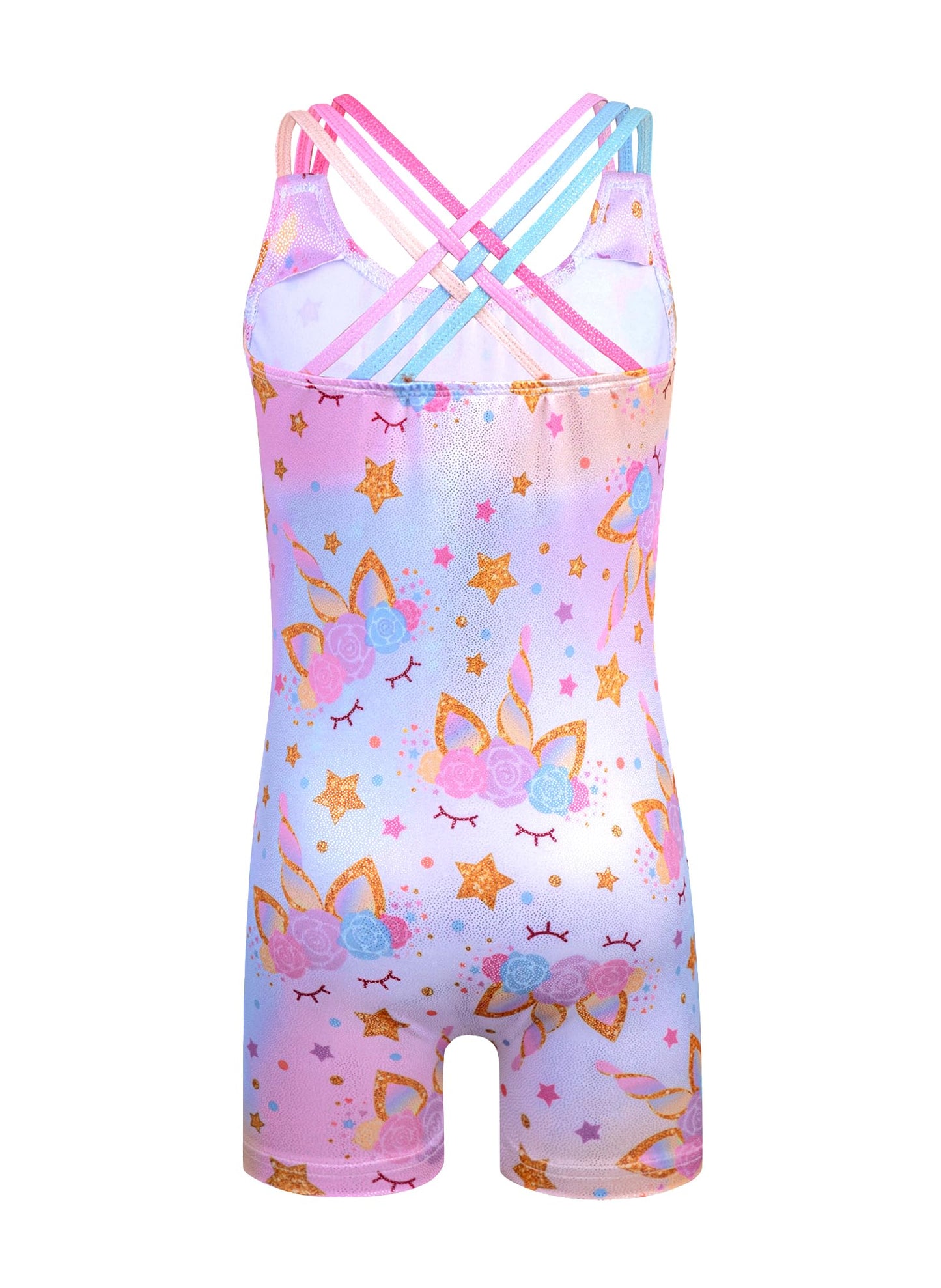 HOZIY leotards for girls gymnastics size 8-10 years gold glitter unicorn rainbow crisscross strap Tumbling Outfits Biketard Practice Sparkly ropa de gimnasia para niñas