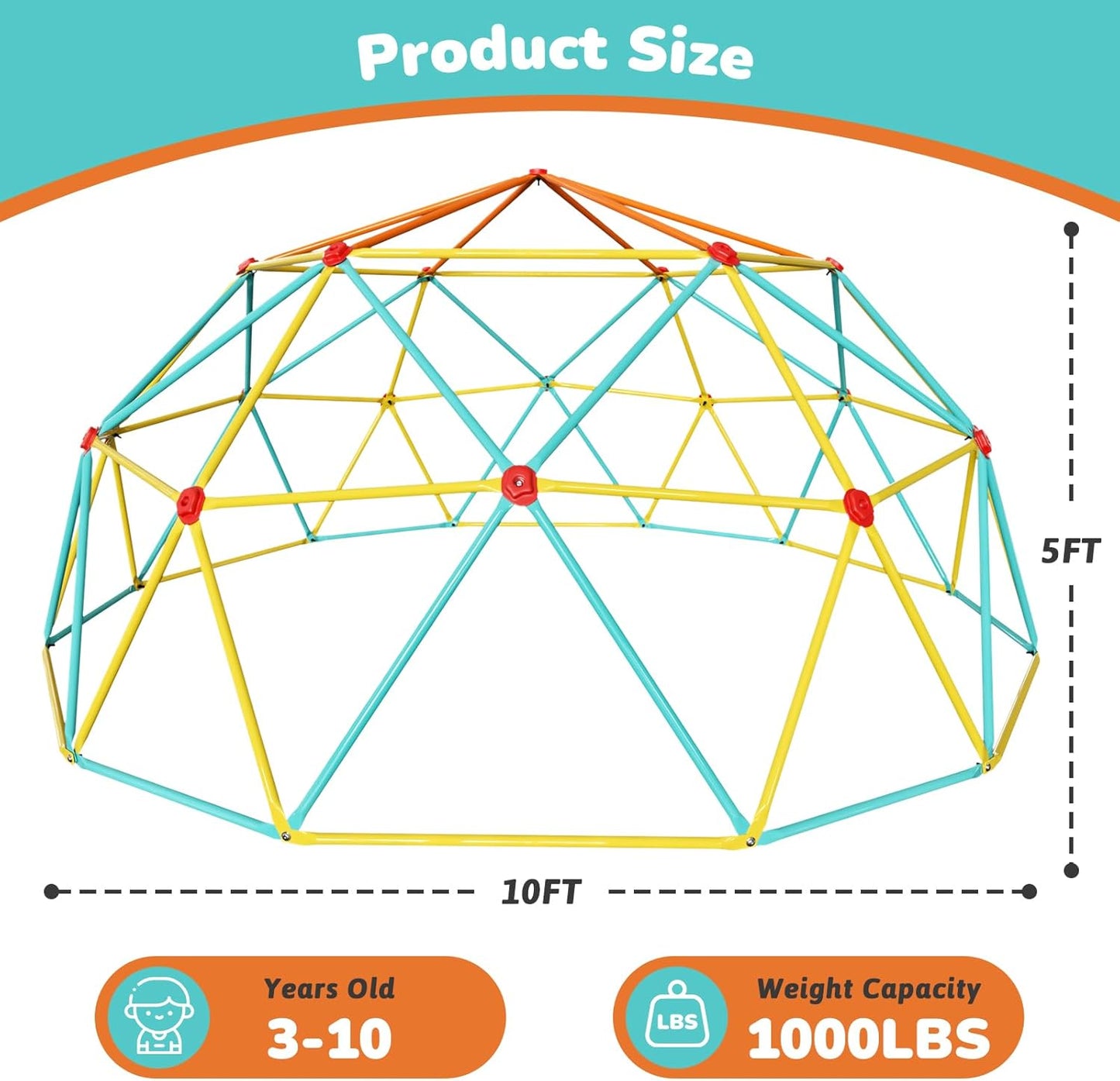 10FT Climbing Dome with Climbing Cargo Net, Outdoor Jungle Gym for Kids- Supports 1000LBS-Anti-Rust Metal Outdoor Play Structure ASTM Approved, Easy Assembly