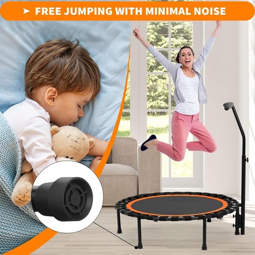 Kikihuose 50” Foldable Mini Trampoline for Adults, 330 LBS Bungee Rebounder Trampoline Indoor/Outdoor with T Shape Adjustable Foam Handle, Stable, Quiet Exercise Workout Equipment for Home Gym
