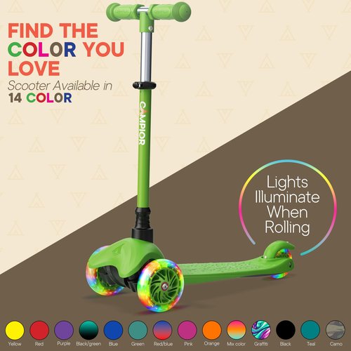 Campior Green Mini 3 Wheel Scooter for Kids ??Lean-to-Steer with LED Light-Up Wheels, Adjustable Handlebar, Wide Anti-Slip Deck, Smooth PU Wheels, Rear Foot Brake ??Toddler Scooter for Ages 2+