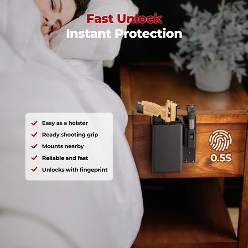 ONNAIS Biometric Pistol Gun Safe – Car and Bedside gun Safe for handgun with Fingerprint Trigger Lock for Quick Access, Fast Entry for Vehicle Console or Any Mountable Spot