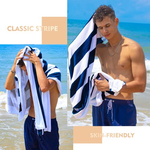 Exclusivo Mezcla 2 Pack Cotton Oversized 35x70 Inches Cabana Stripe Beach Towels, Super Absorbent Soft Plush Pool Bath Towel (Dark Navy)