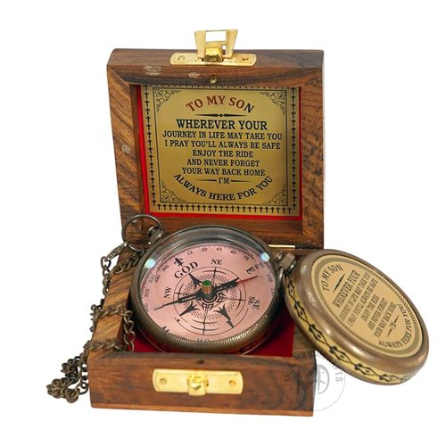 to My Son Engraved Compass – “Wherever Your Journey May Take You” – Christian Gift for Son – Graduation, Baptism, Birthday Keepsake – Antique Brass Compass with Wooden Box