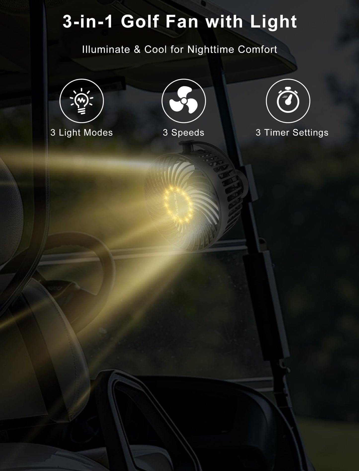 2-Pack Magnetic Golf Cart Fan Rechargeable, 12000mAH Battery Operated Portable Fan with 3 Speeds, LED Lantern, Magnetic Base, Suitable for EZGO Club Car Yamaha, Golf Cart & Cruise Ship Accessories