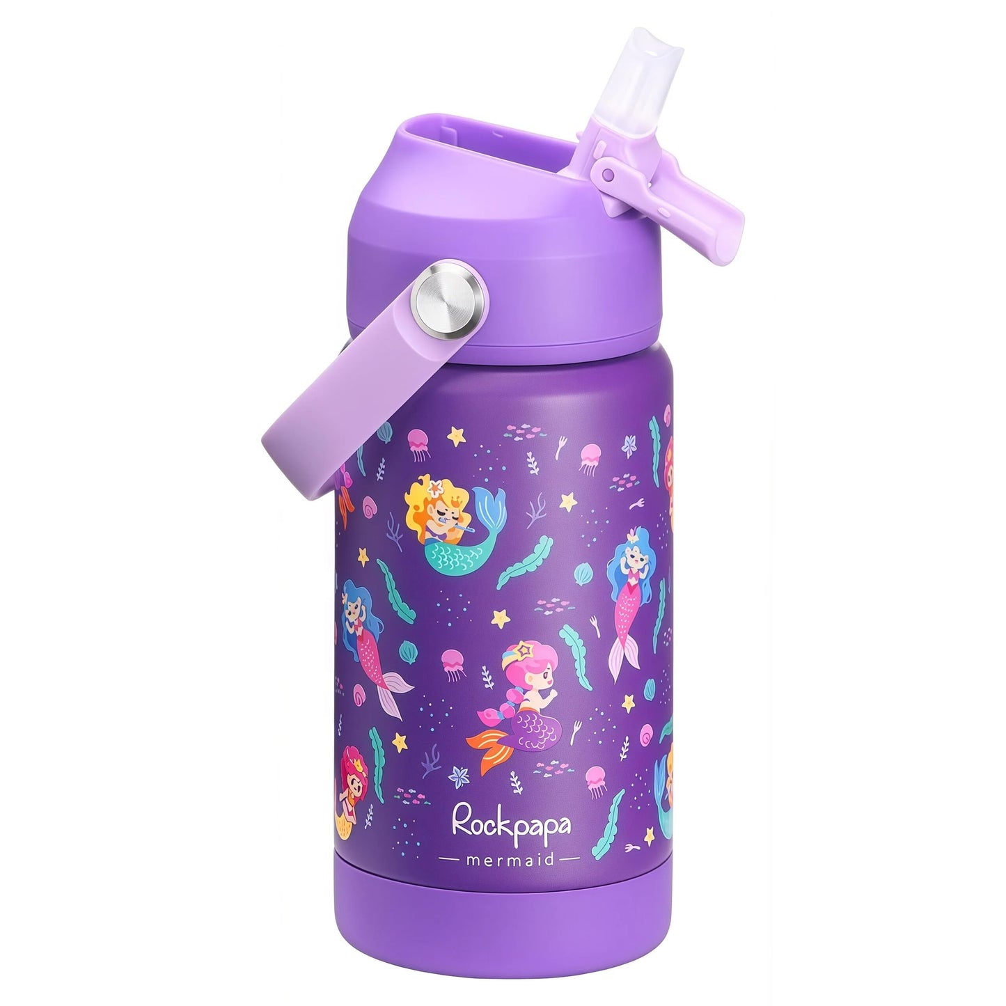 rockpapa 14 oz Kids Insulated Water Bottle，Stainless Steel Toddler Cups with Straws, BPA Free, Leak-Proof, Kids Water Bottle for School Boys& Girls (Purple Mermaid)