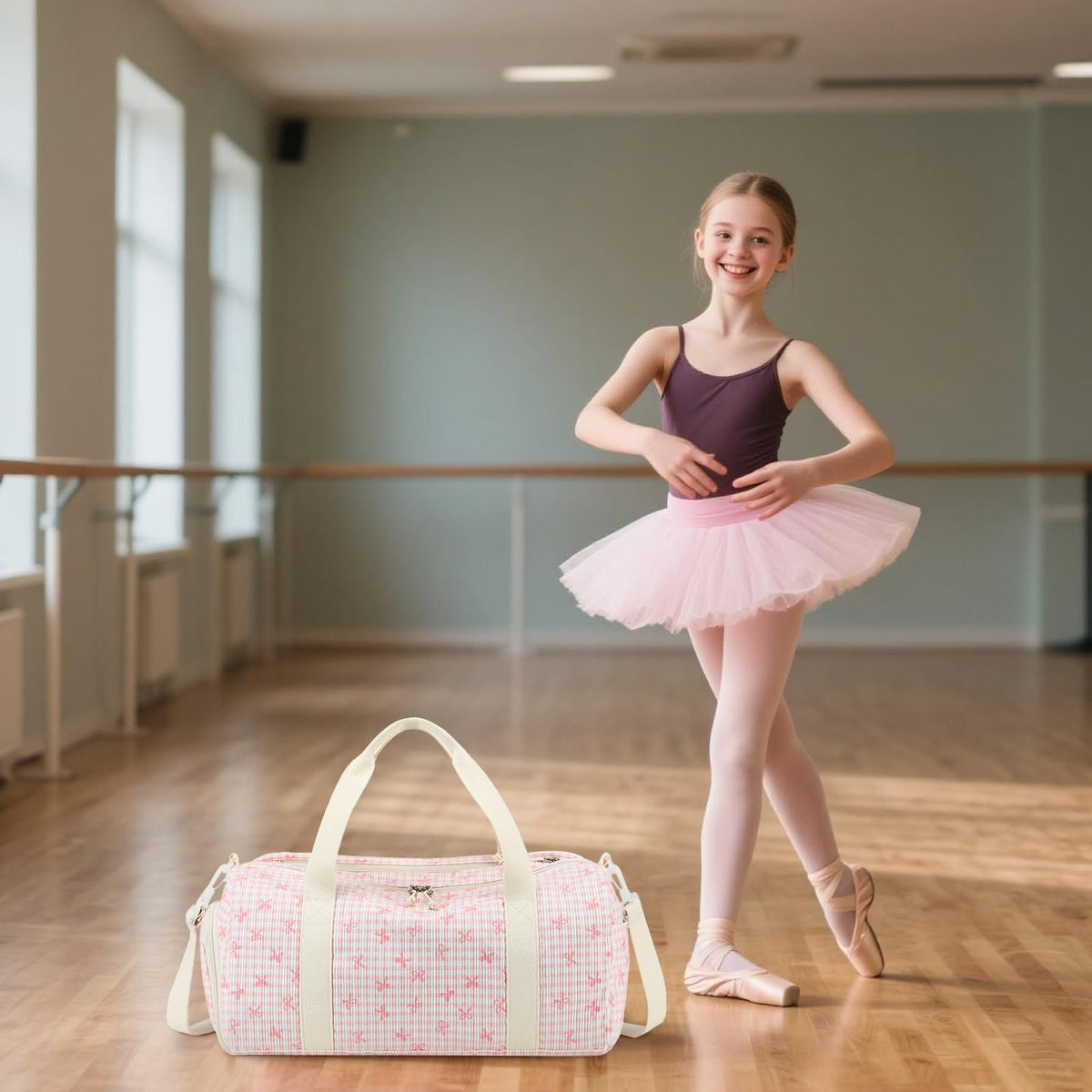 LEDAOU Kids Duffle Bag Girls Overnight Travel Sport Gym Bag Weekender Carry On Shoulder Dance Bag with Shoe Compartment & Wet Pocket (Pink Bow Checkered)