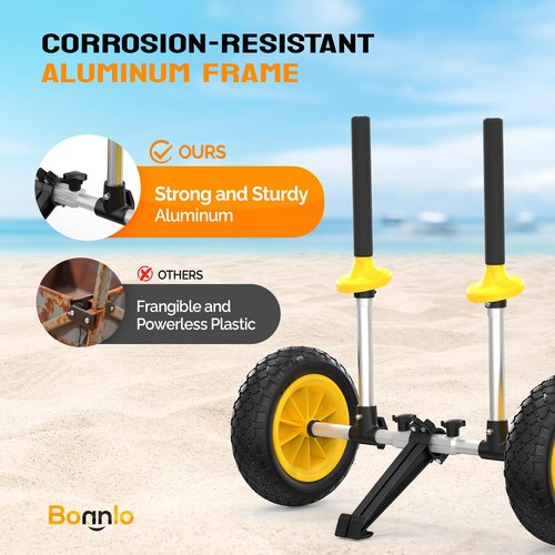 Bonnlo Kayak Trailer, Strap Free Kayak Cart with 10in Kayak Wheels, 7.1"-17.1" Adjustable Width, Detachable Kayak Dolly with Kickstand