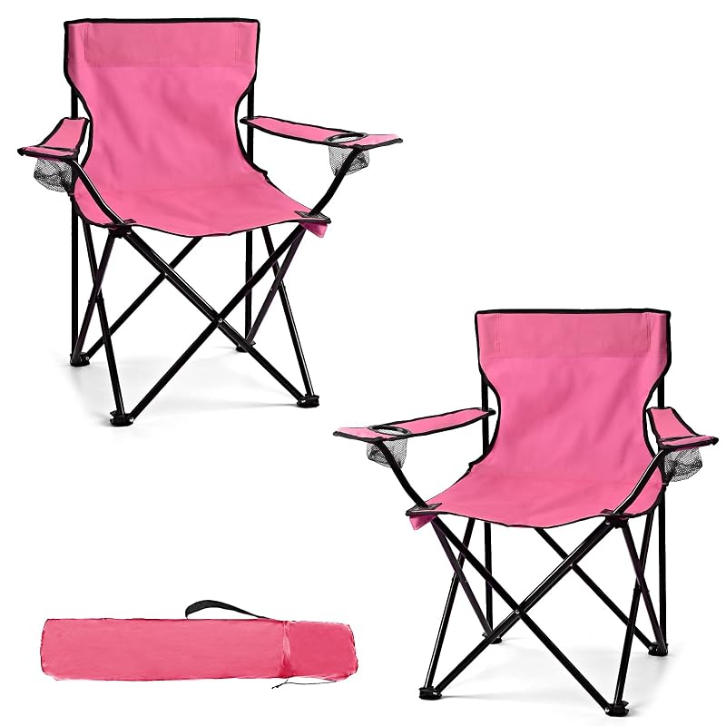 2 Pack Lightweight Camping Chairs for Adults & Teens - 250LBS Capacity, Portable Foldable with Carry Bags (Pink, 2+2, Medium)