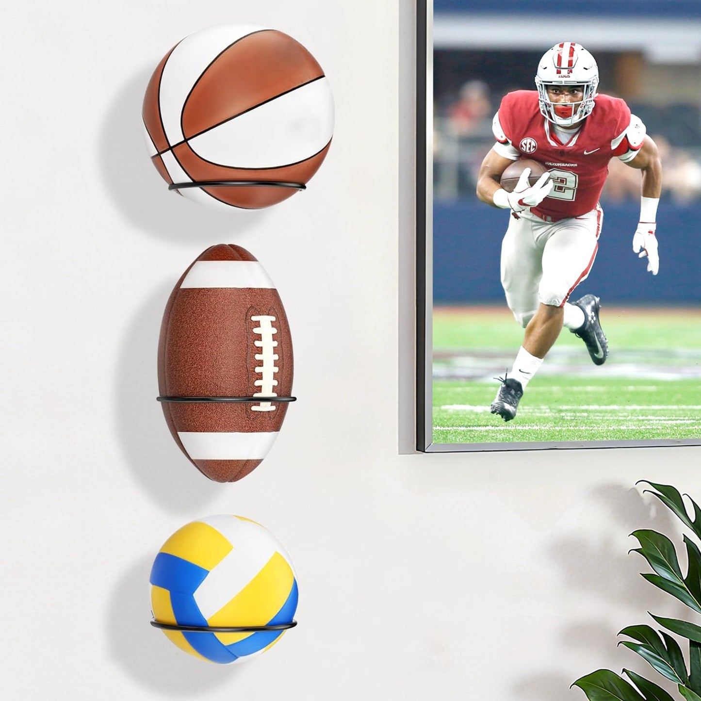 Basketball Holder Wall Mount, Metal Ball Holder Wall Mount for Basketball, Soccer, Football & Volleyball, Space-Saving Ball Storage and Display Rack for Garage, Bedroom, Game Room (2Pack Black)