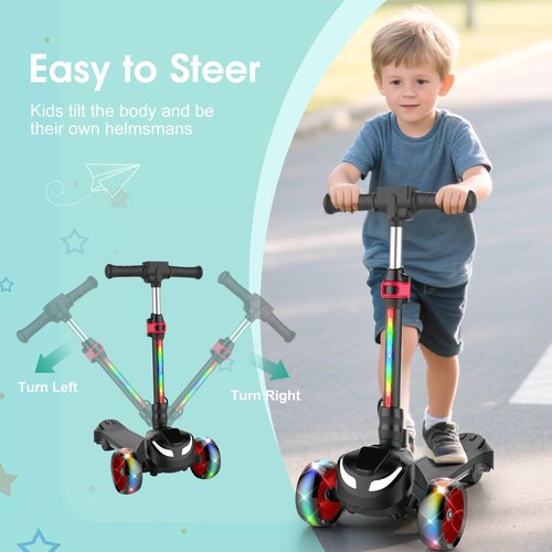 Electric Scooter for Kids Ages 3-12, 3-Wheel Electric Scooter, Electric Kick Scooter with 2 Speed, Long Battery Life, Bluetooth Music, LED Wheels, Gift for Kids (2-Speed & Bluetooth, Black)