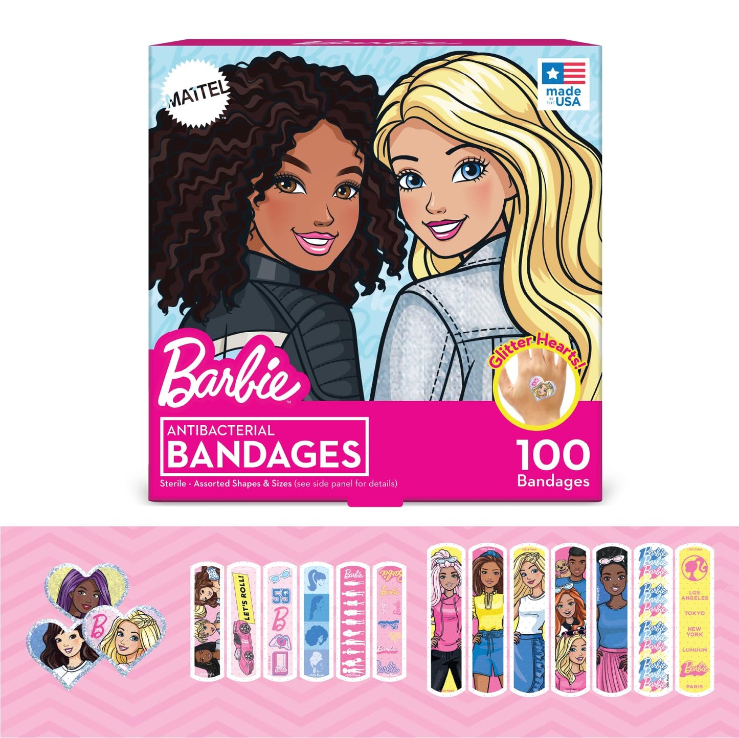 Barbie Antibacterial Kids Bandages, 3 Assorted Sizes 100 CT | Wear Like Stickers, Flexible Adhesive Bandages for Minor Cuts, Scrapes, and Burns. Great Gift idea for Kids