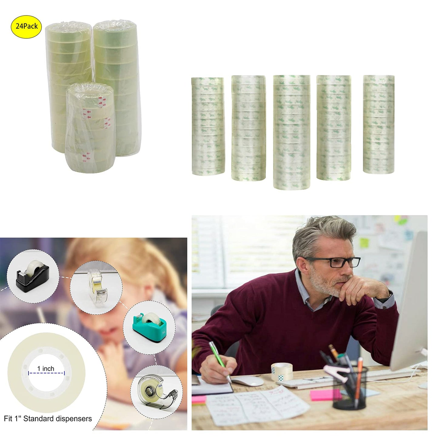 ZLY 24 Rolls Transparent Tape Refills, 0.7 x 1000 Inches Clear Tape, Glossy Tape Rolls for Office, Home, School