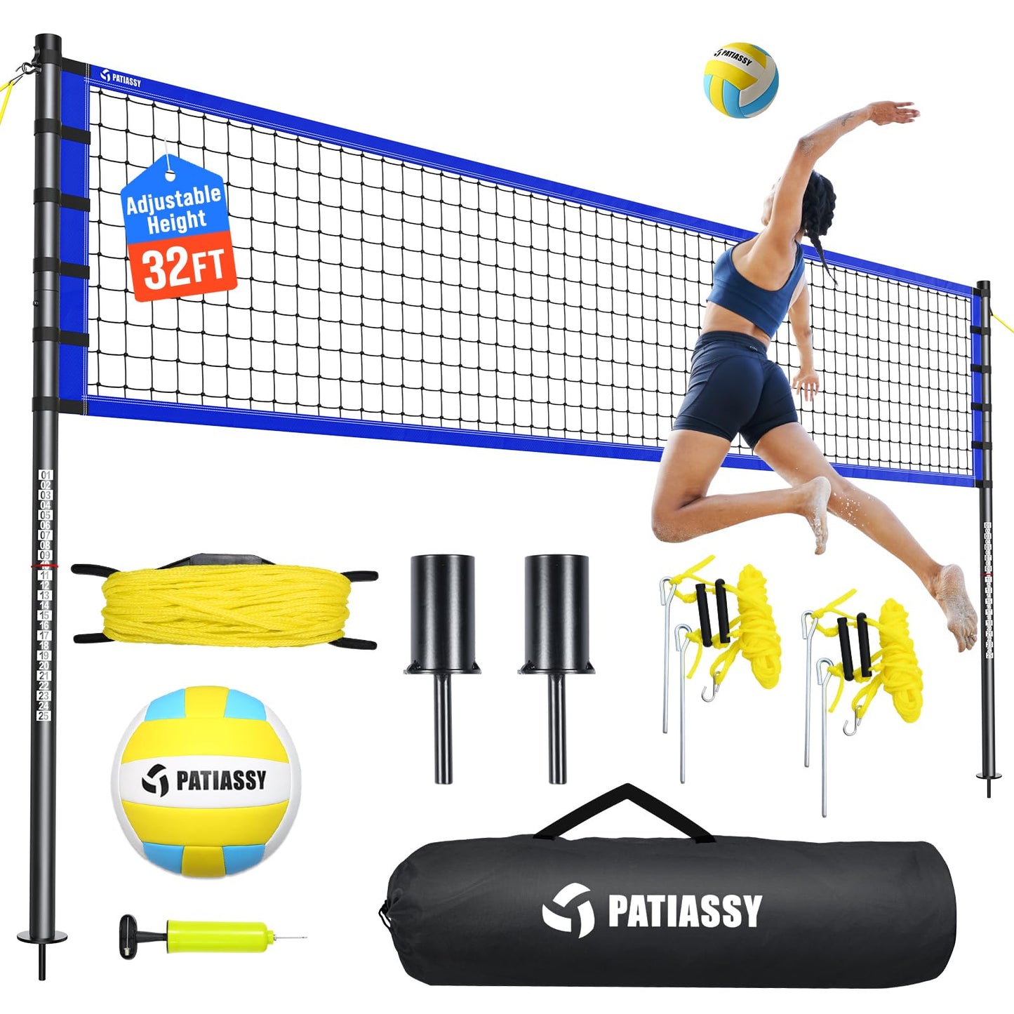 Outdoor Volleyball Net Set for Backyard & Beach, 32FT Regulation Size, Easy Setup Adjustable Height Poles, Portable Net System with PU Volleyball, Pump & Carry Bag