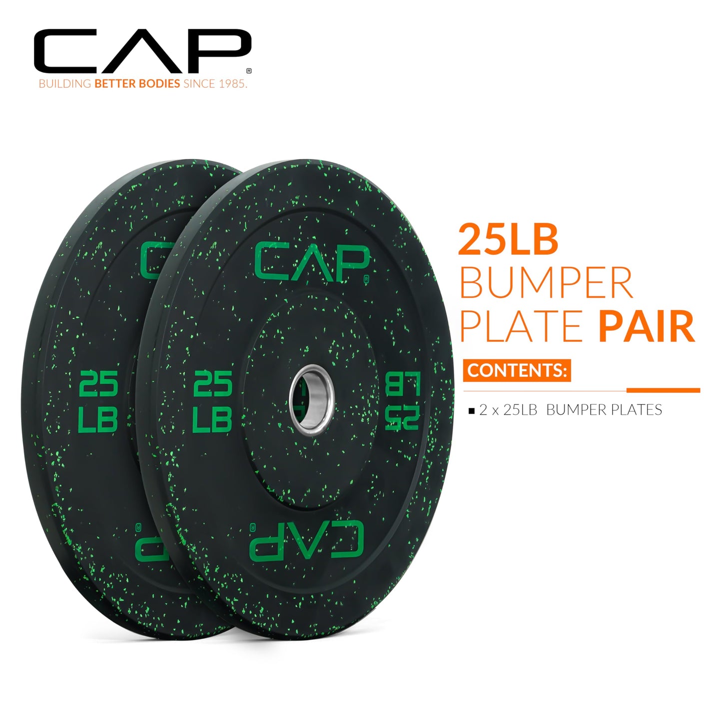 CAP Economy 25 lb Pair Olympic Bumper Plate, Medium Bounce Rubber Weight Plate with Steel Hub, Color Fleck Design, 2-Inch Olympic Barbell Compatible for Strength Training, Weightlifting & Home Gym Workouts.