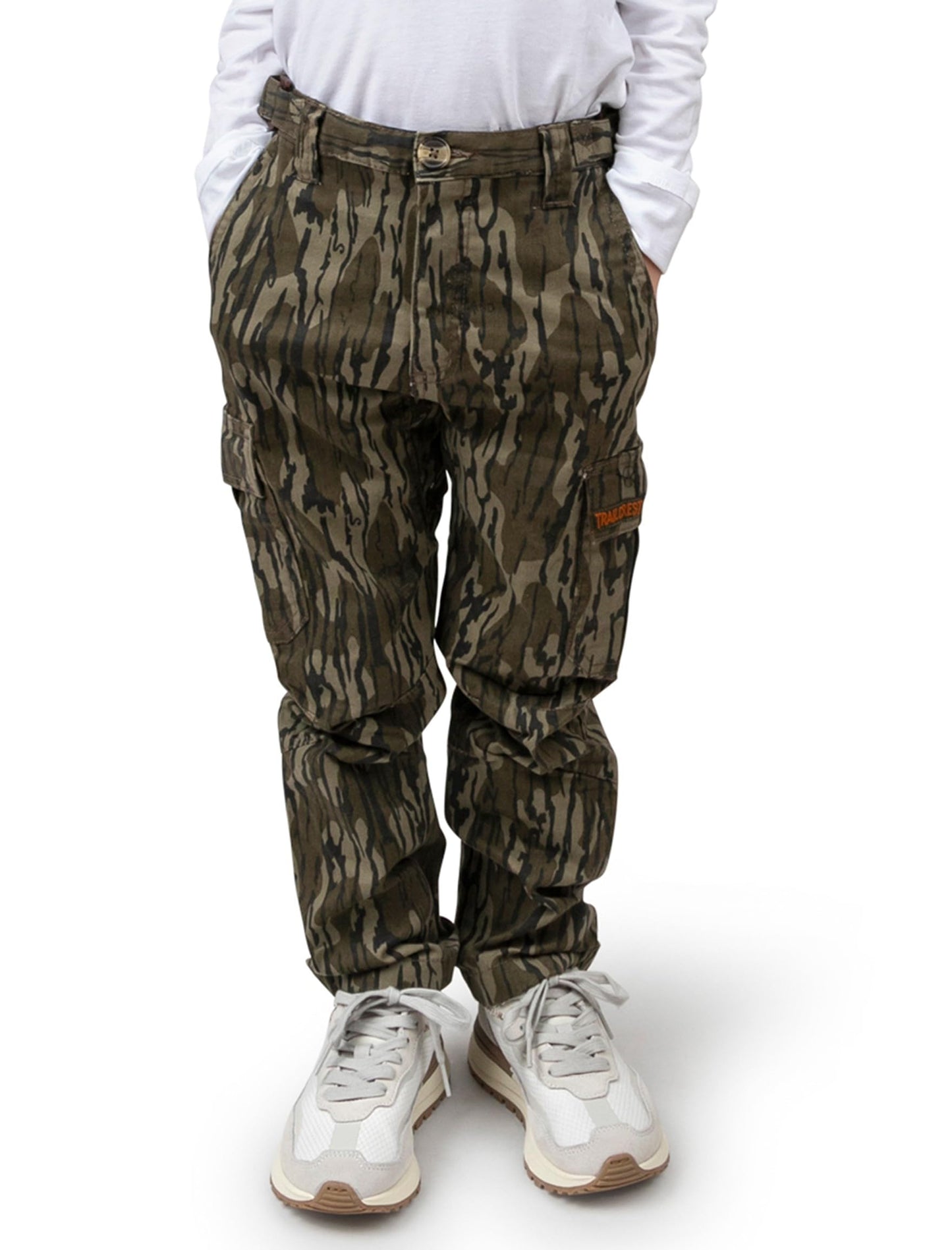 TrailCrest Youth Kids Camo Hunting Cargo Pants | 6 Pockets | Mossy Oak Bottomland, Large