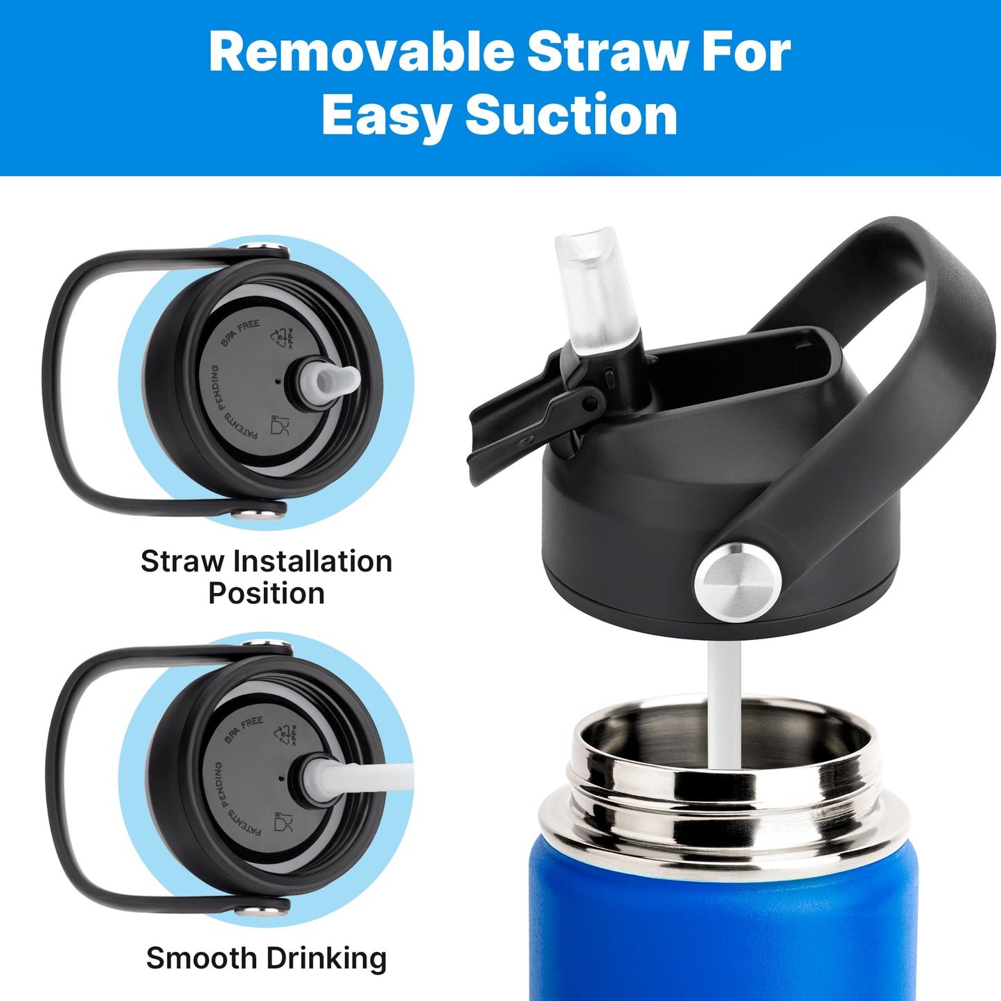 Bluwing Straw Lid for Hydro Flask 12-64oz Wide Mouth, Replacement Lids with Handle for Hydroflask, Thermoflask, koodee Wide Mouth Water Bottle, BPA Free