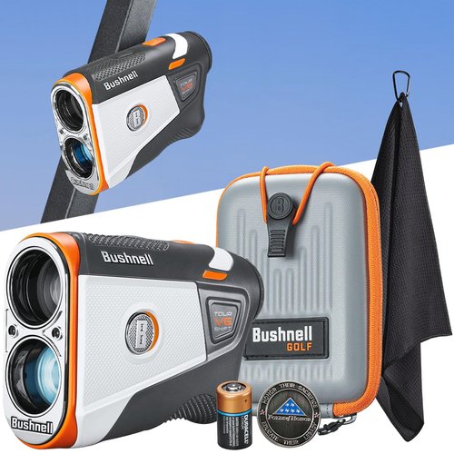 Bushnell Golf Tour V6 Shift Laser Rangefinder Patriot Pack | Slope Compensation, PinSeeker, Magnetic Mount, 6X Magnification, 1300 Yard Range, 3D Flyovers in App, Signature Series Golf Towel Bundle