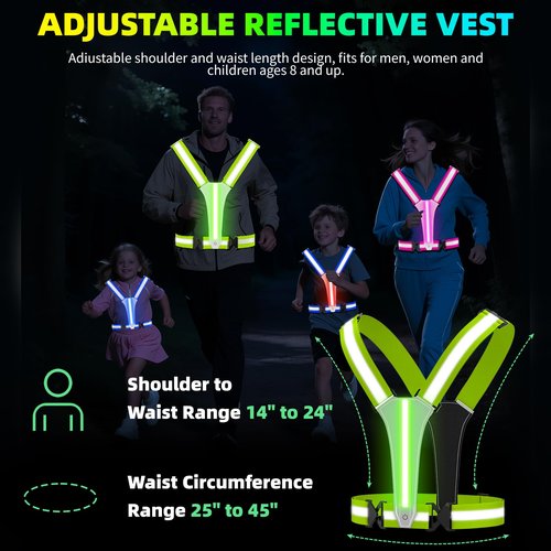 LED Reflective Vest Running Gear, 5 Lights Colors, 3 Modes, Adjustable for Running, Cycling, Walking - Led Running Vest for Men, Women, Kids(Green)
