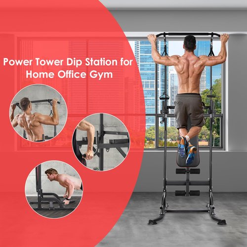 Arlopu Power Tower with Bench, Pull Up Bar Stand, Dip Bar w/Folding Bench 4 Ropes Strength Training, Multi-Function Fitness Equipment for Home Gym, Adjustable Heights and Angles Dip Station, 400LBS