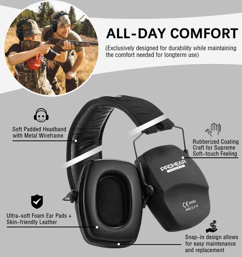 PROHEAR 016 Ear Protection Safety Earmuffs for Shooting, NRR 26dB Noise Reduction Slim Passive Hearing Protector with Low-Profile Earcups, Compact Foldable Ear Defenders for Gun Range, Hunting (Black)