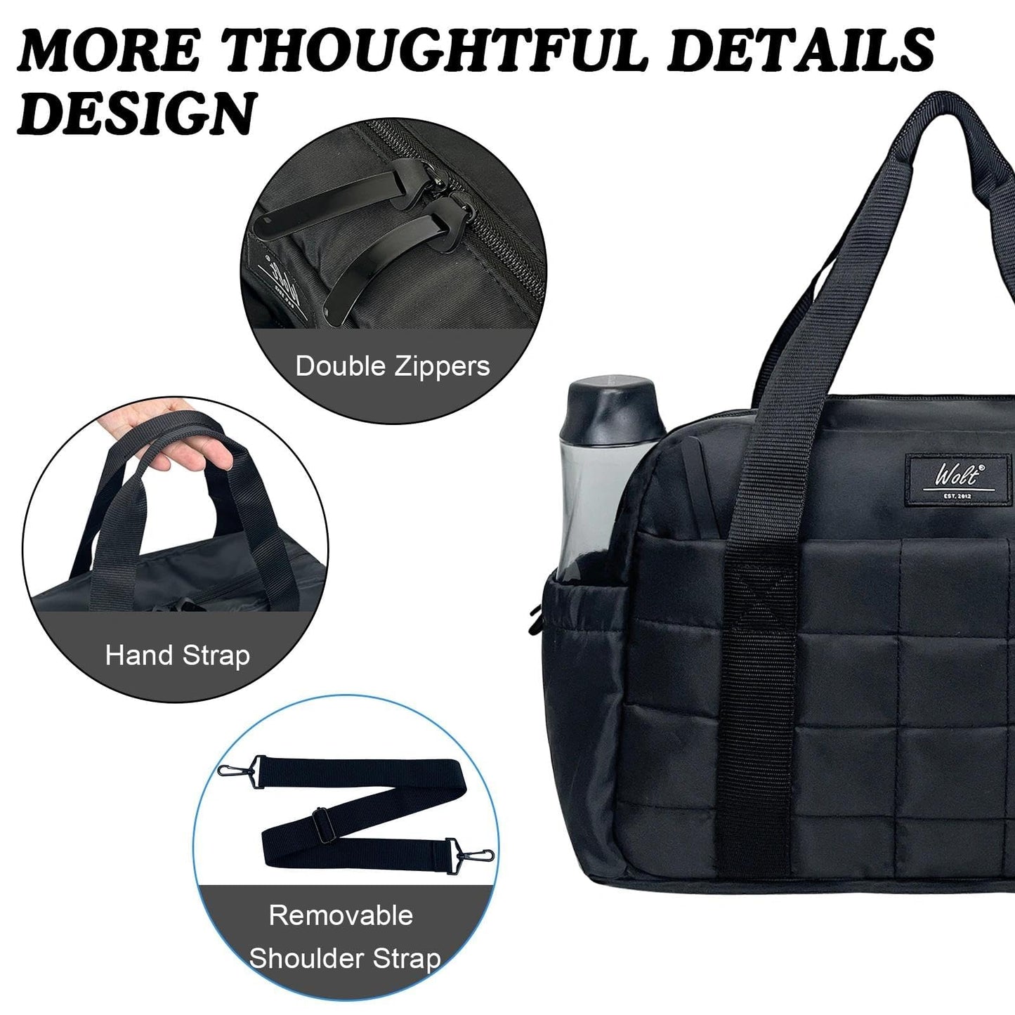 WOLT Small Gym Bag for Women, 14 inch Lightweight Gym Duffle Bag with Wet Compartment Quilted Tote for Sports Workout, Black