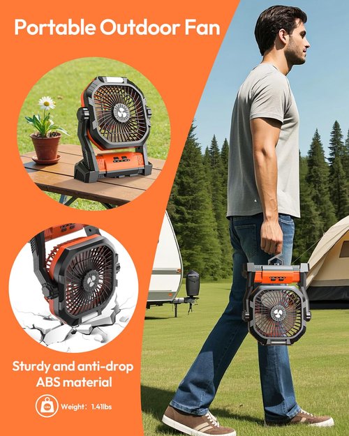 Camping Fan 27000mAh with LED Lantern - Cordless Portable Fan 8 inch USB C Battery Operated Rechargeable Powered Ventilador with Hanging Hook - 250° Rotating 4 Speed Personal Fans for Travel Camping