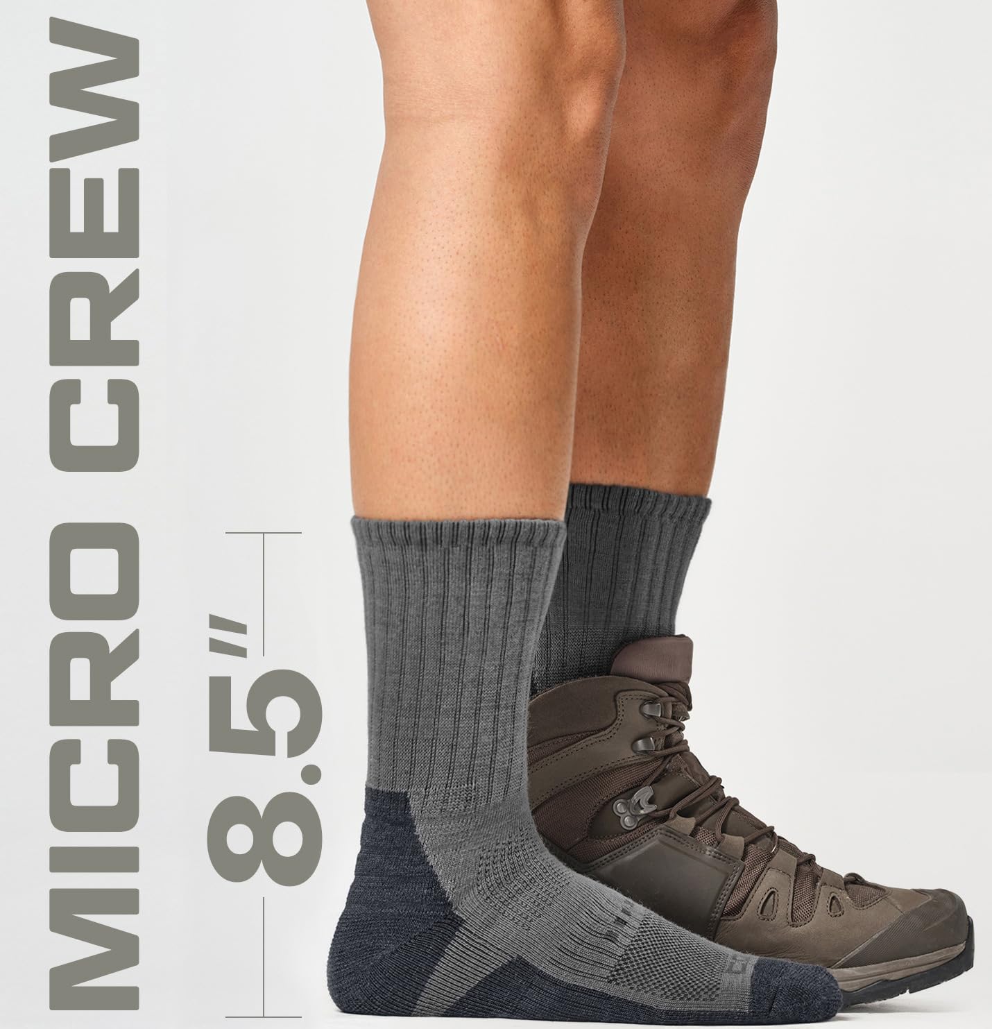 CQR 3 Pack Men and Women Wool Hiking Mid Calf Crew Socks, Moisture Wicking Breathable Outdoor Tactical Cushion boot Socks, Rex Tac 8.5in Light Grey, Medium