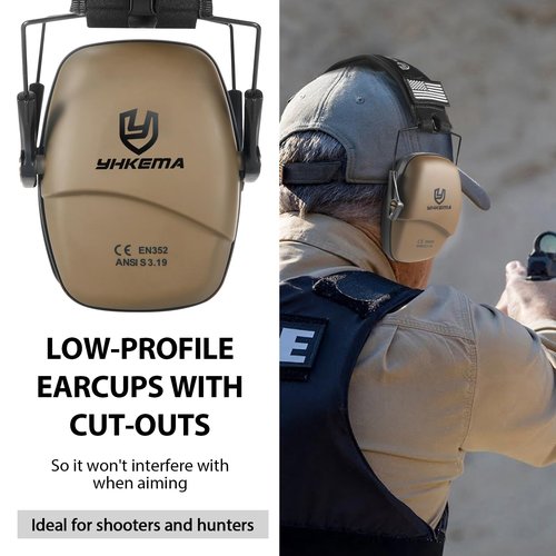 YHKEMA Tactical Ear Protection Safety Earmuffs for Shooting, NRR 25dB Passive Noise Reduction Earcups, Compact and Lightweight Foldable Ear Protectors (Brown)