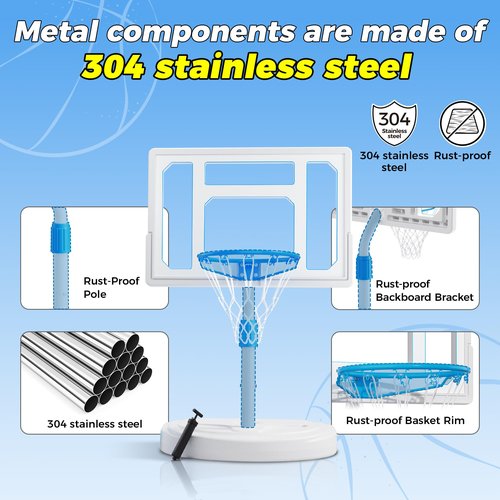 Skytime Pool Basketball Hoop, Rust-Proof 32" Portable Basketball Hoop Poolside, Height Adjustable Swimming Pool Basketball Goal Set with Fillable Base,2 Balls, Perfect for Swimming Pool & Home Play