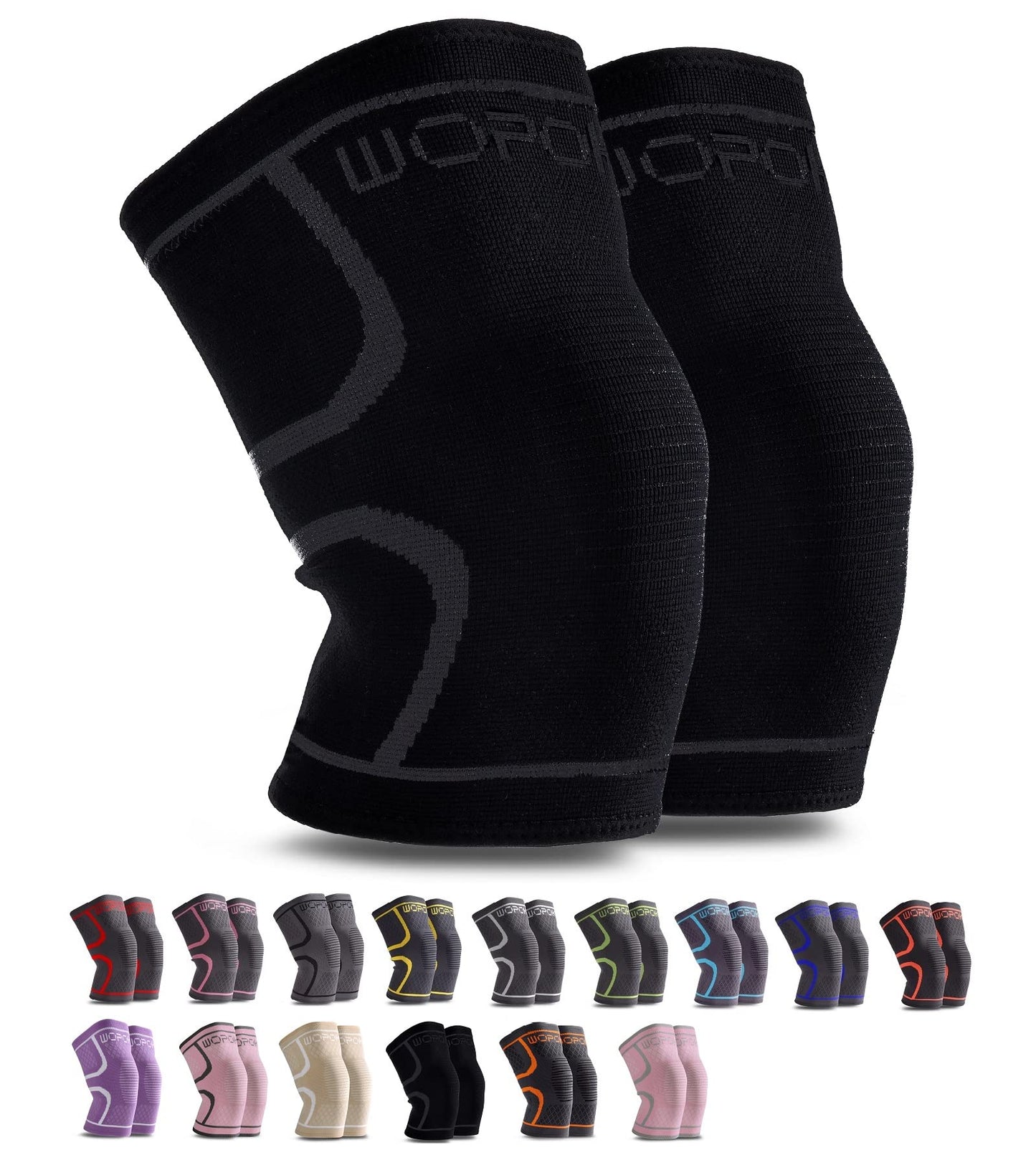 WOPOKY Knee Brace Sleeves for Weightlifting Working out, Knee Pain Relief for Meniscus Tear Arthritis ACL MCL (2 Pack)