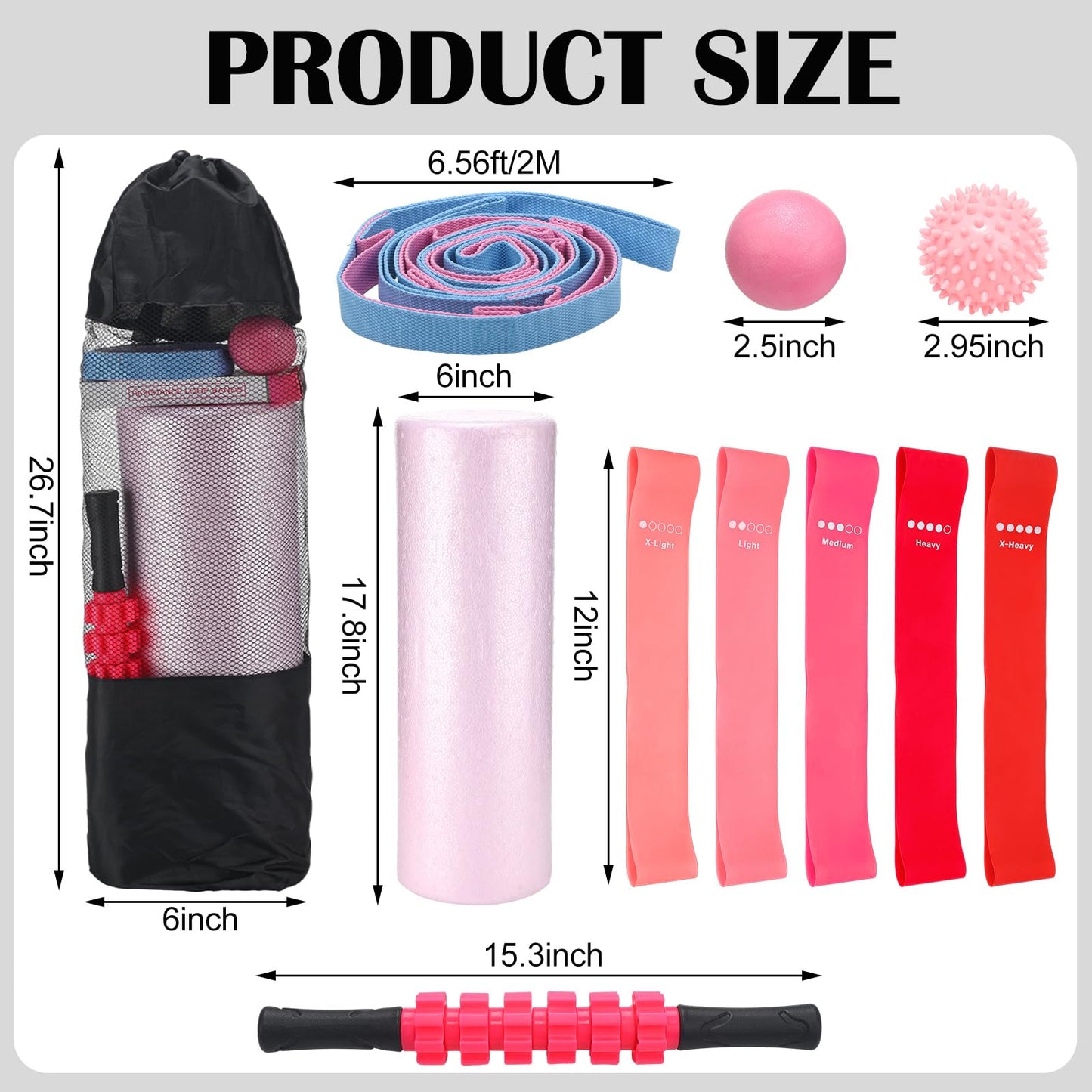 Soulchen 11 Pcs Pink 7 In1 Foam Roller Set Foam Back Roller Massage Stick Exercise Resistance Elastic Bands Plantar Fasciitis Ball Spiky Massager Ball with Bag for Physical Body Therapy Yoga Pilates