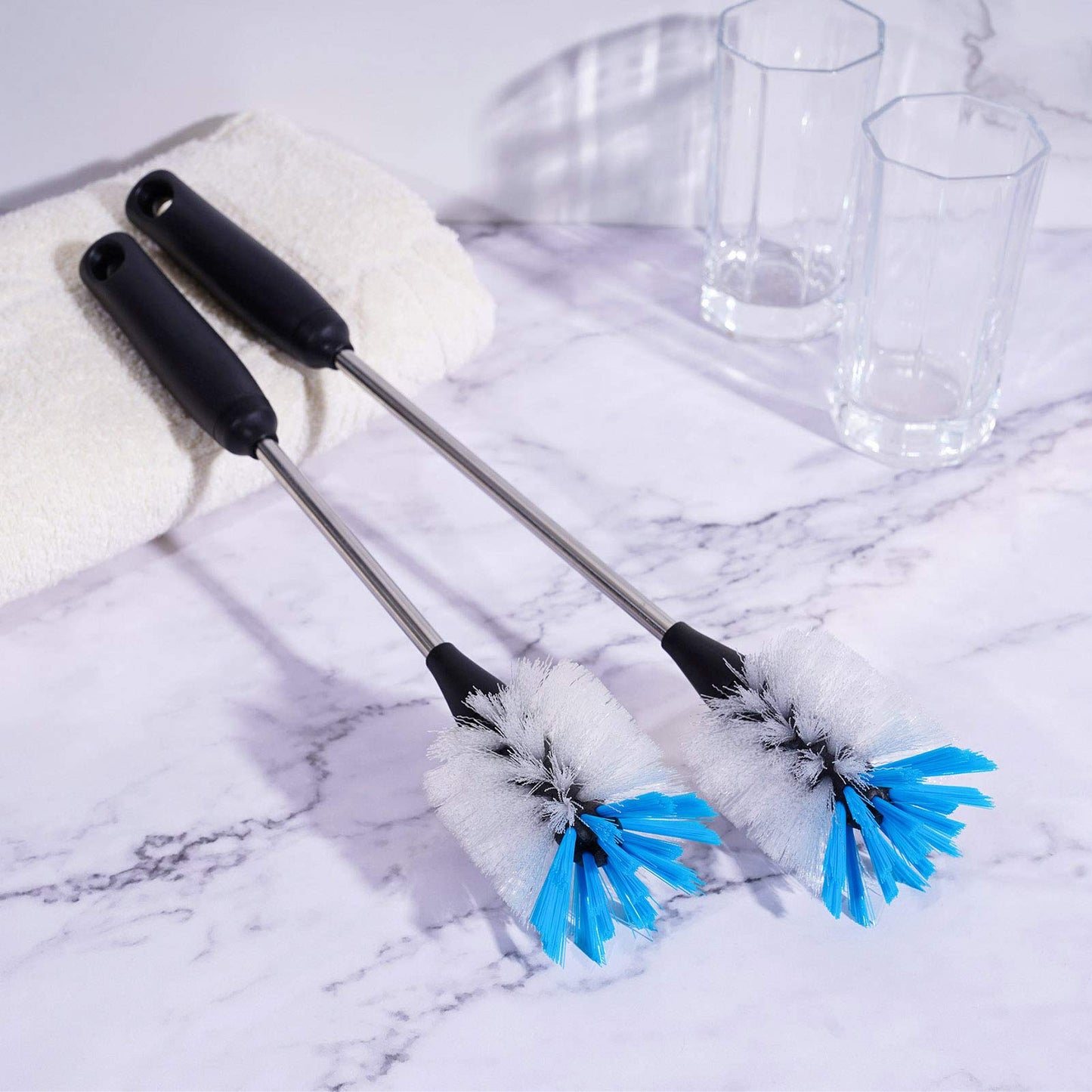 MOSOLAN Stainless Steel Bottle Brush with Replaceable Head, 2 Pack Long Handle Scrubbing Brush for Water Bottles, Glasswares, Mugs, Flasks, Tumblers, Vases, and Kitchen Sink, White, 13 in