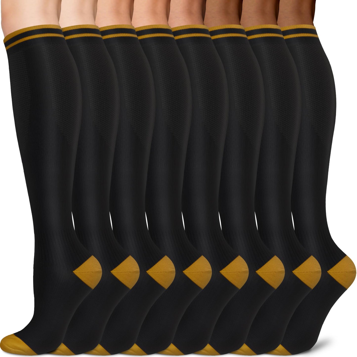 Sooverki Copper Compression Socks for Men & Women 8 Pack 15-20mmHg - Knee High Stockings Best Support for Running Athletic Work Travel Black Wide Calf Nylon plain gifts