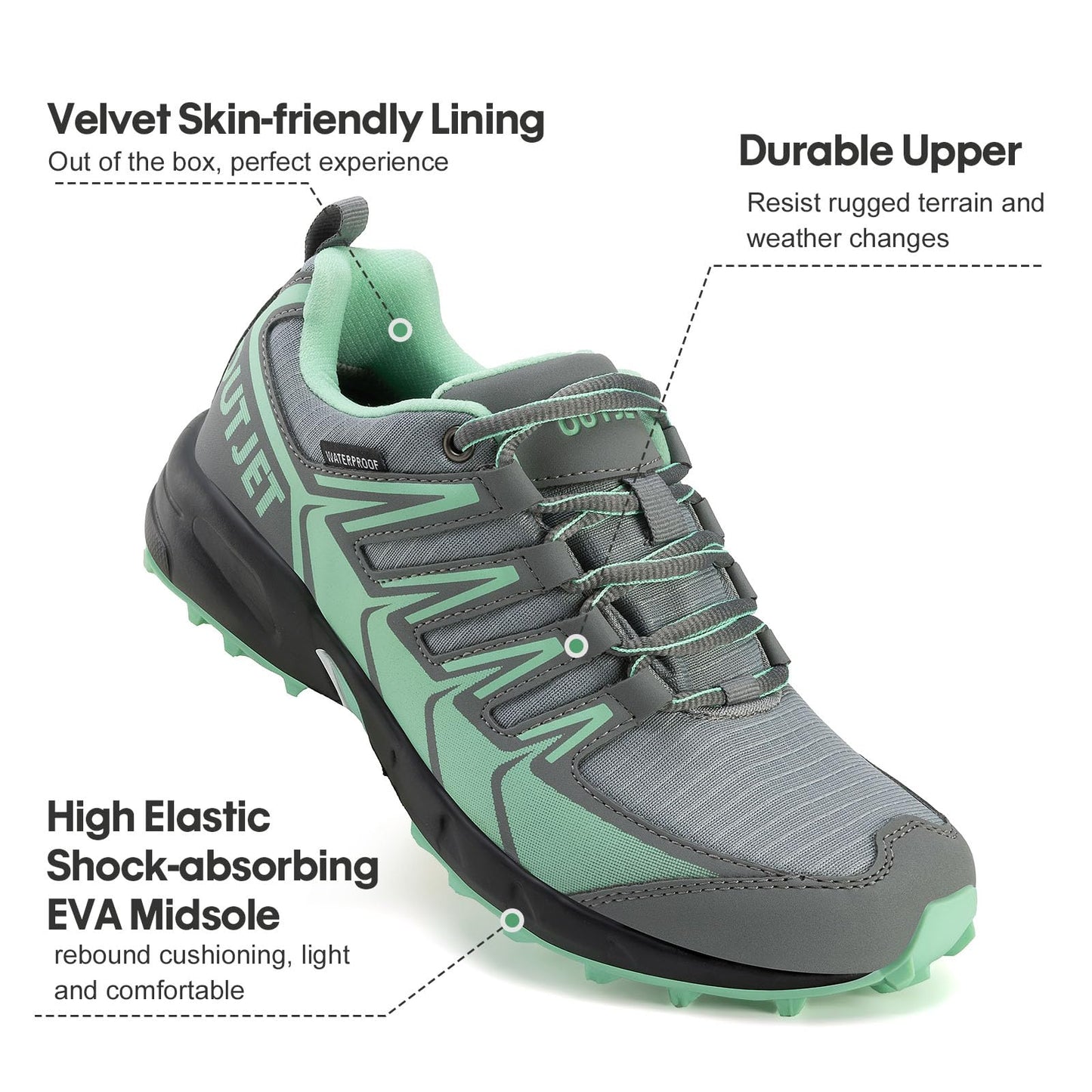 OUTJET Women's Waterproof Hiking Shoes Lightweight Non-Slip Trails Walking Shoes Outdoor Sneakers Green
