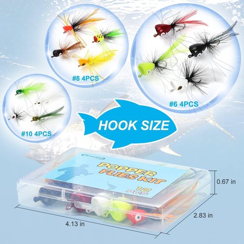 Ansnbo 12 pcs Fly Fishing Popper Flies, Fly Popper Lures Bass Panfish Bluegill Crappie Popping Bug Sunfish Trout Salmon Poppers Flys Kit for Flys Fishing