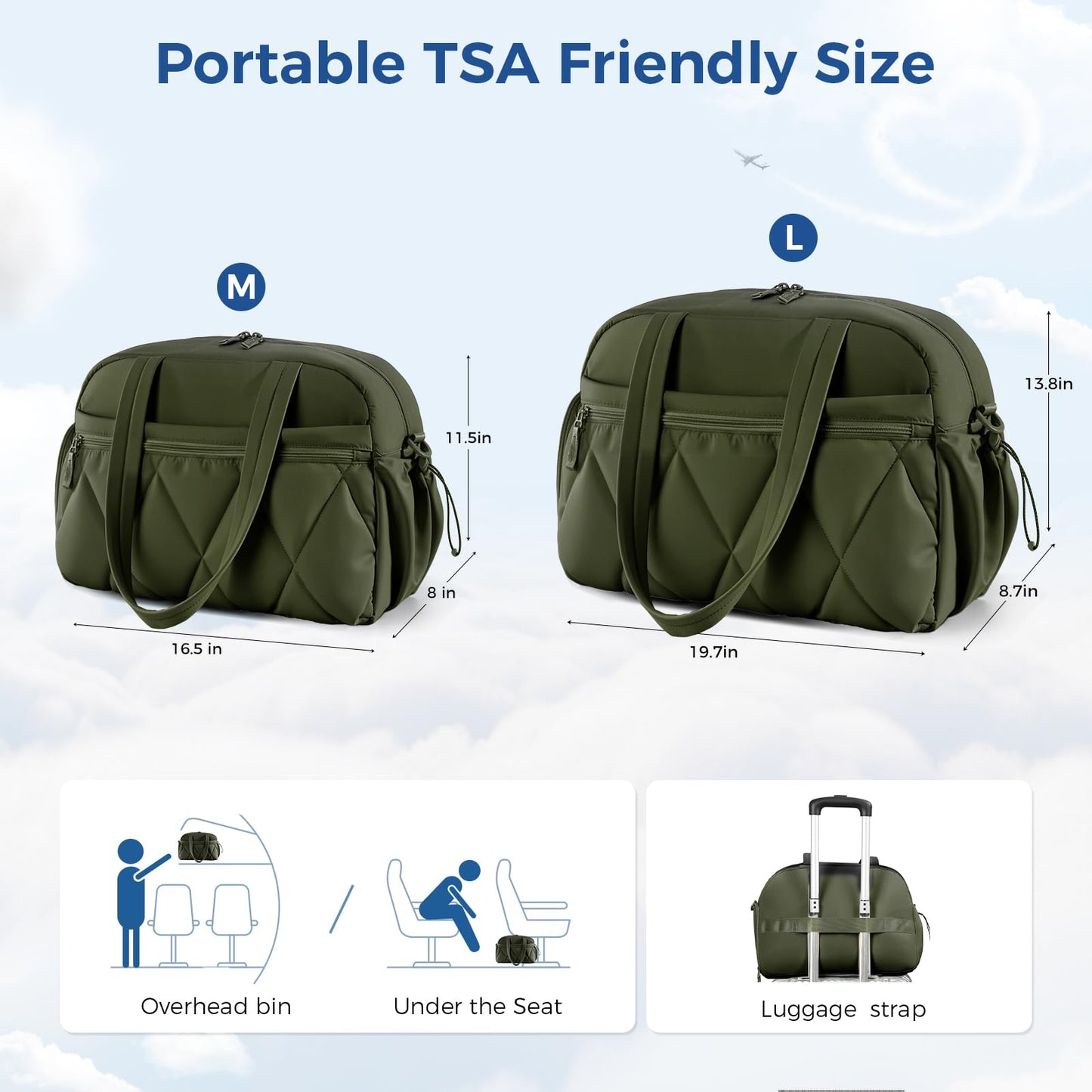 Lekespring Gym Bag for Women, Puffer Travel Duffle Bag With Shoes Compartment & Wet Pocket, Carry On Tote Bag For Weekender, Overnight, Sport duffel bags for traveling (Green, Medium)