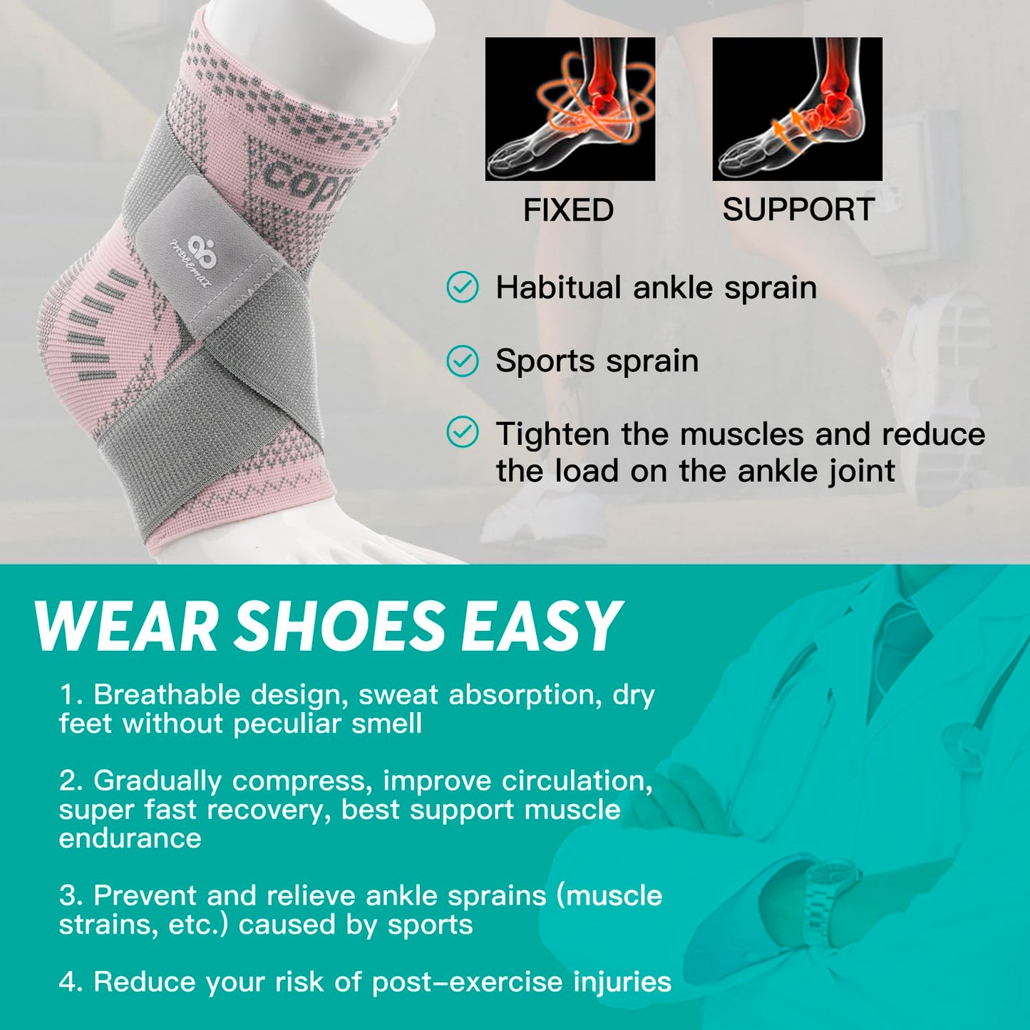 INDEEMAX Ankle Brace for Women & Men, Ankle Compression Sleeve Support Copper Infused Ankle Brace for Sprained Ankle, Plantar Fasciitis Sports, Achilles Tendonitis Pain Relief, Pink Silver, M